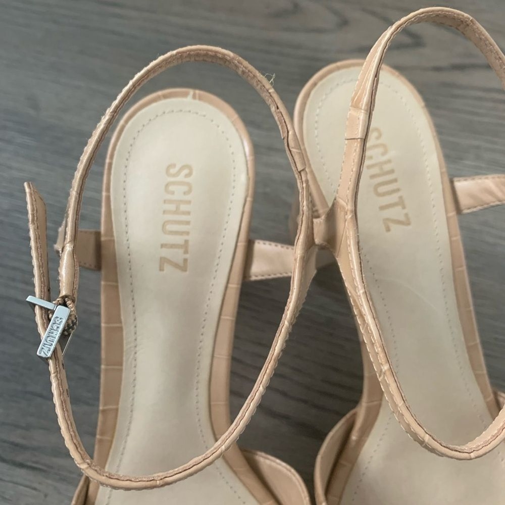 SCHUTZ Keefa Platform Heels Size 10 Nude Beige Croc Embossed Leather Sandals NWB - Picture 10 of 16